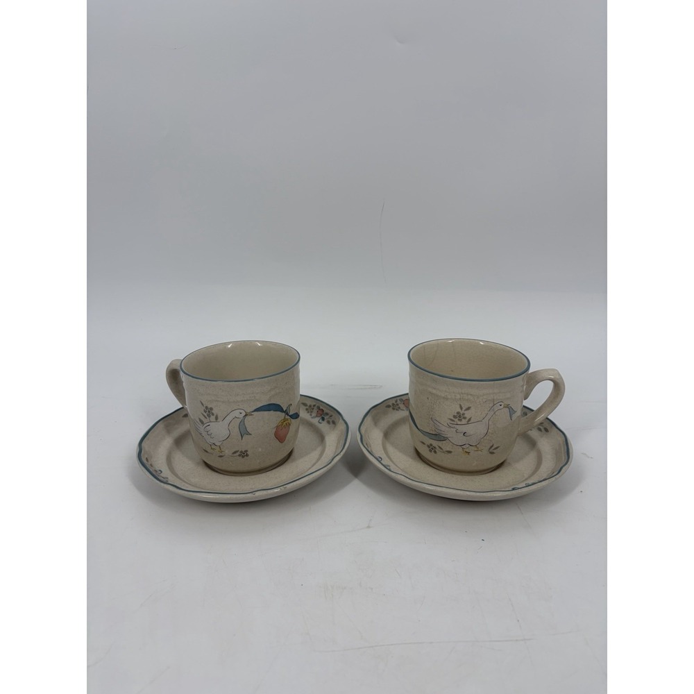 International Stoneware Marmalade Coffee Cup Saucer Geese Blue Ribbon Set Of 2
